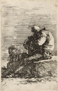Dos Soldados, uno sentado en un borde sosteniendo un bastón, c.1656-57 de Salvator Rosa